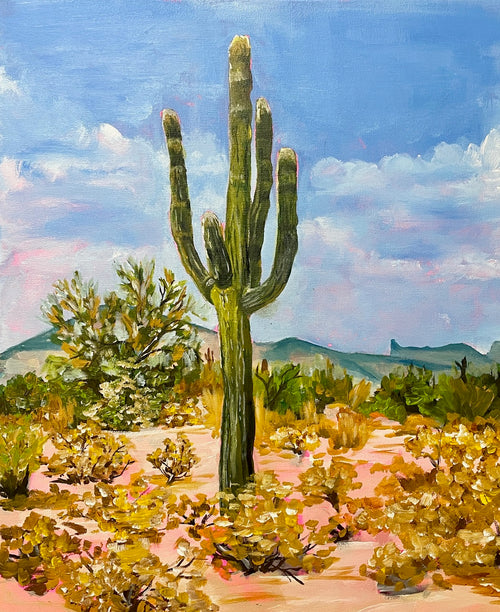 A colorful painting of a desert landscape featuring a tall saguaro cactus, other desert shrubs, distant mountains, and a blue sky with white clouds.